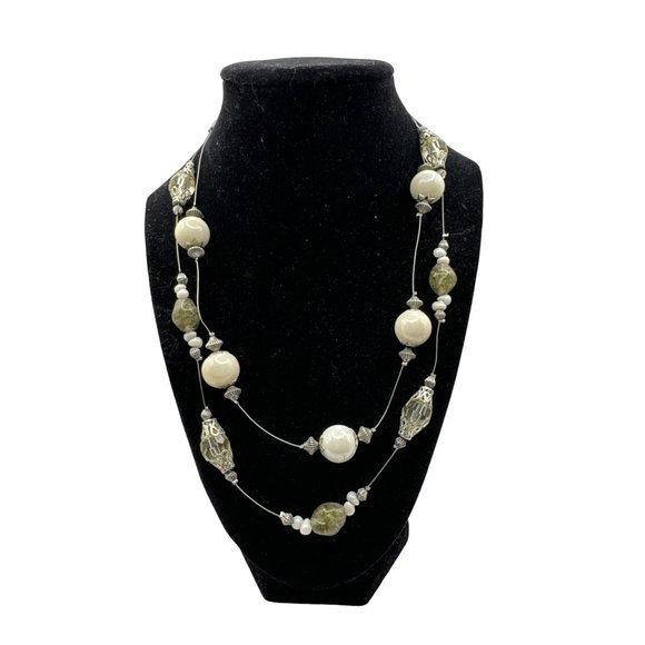 Two Strand Silver and White Beaded Necklace 18 inch with 3 inch extender - Picture 1 of 5